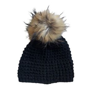 Black Knit Fur Pom-Pom Hat
